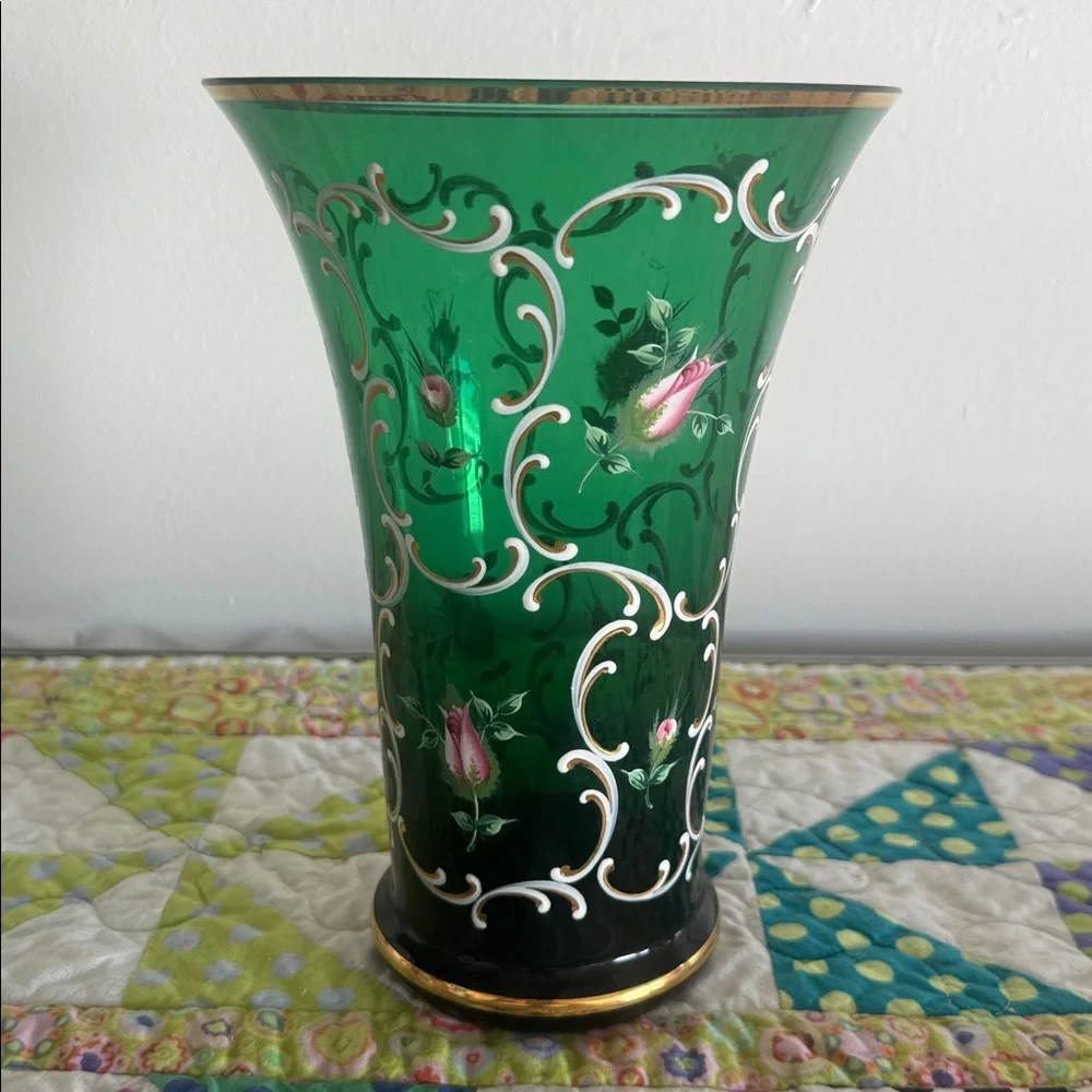 Vintage 1920s Bohemian (Czech) Emerald Green Art Glass, Floral Details, Gold Rim